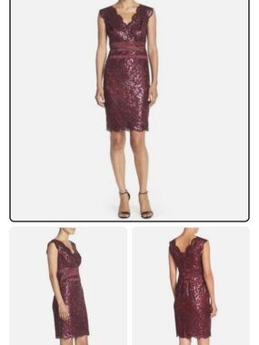 Tadashi Shoji Burgundy Sequin Lace V-Neck‎ Midi Dress